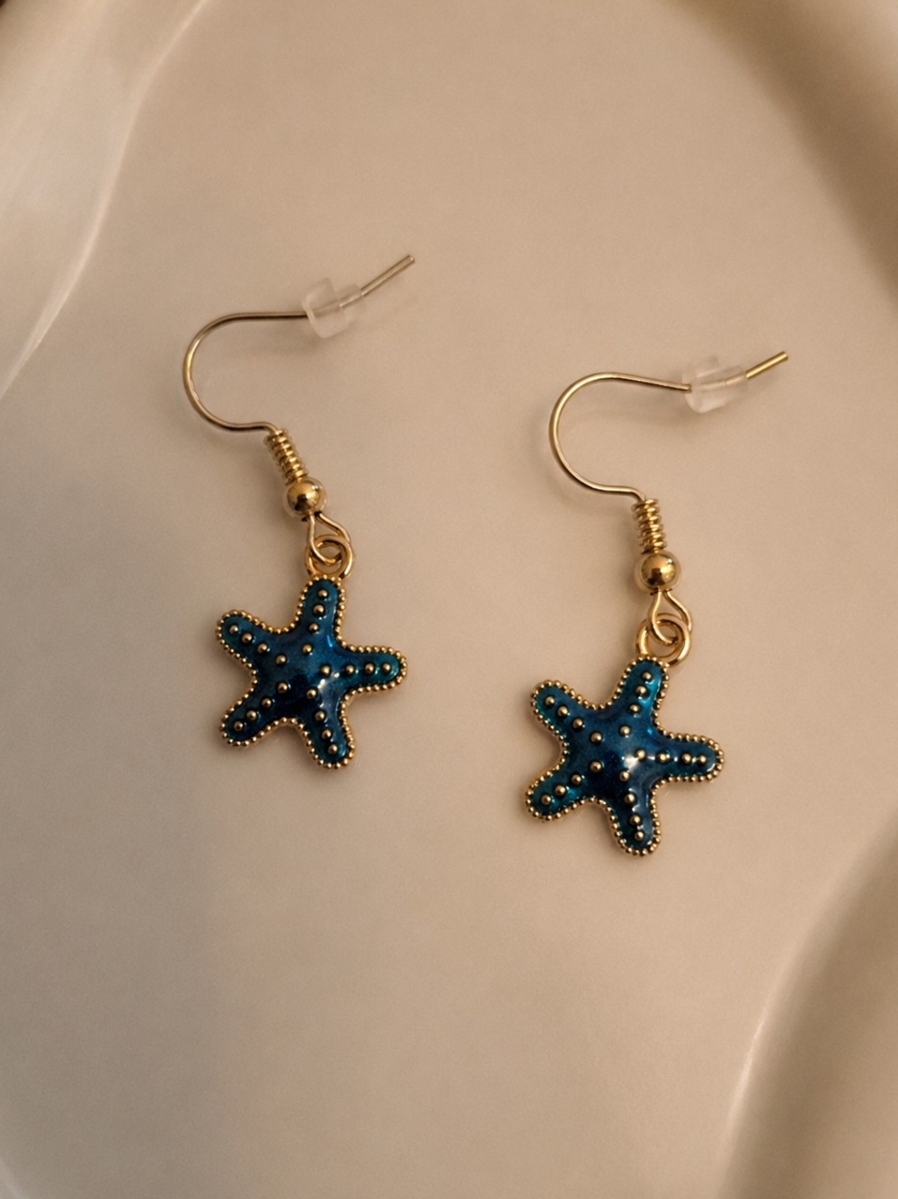 Gold Tone Plated Blue Starfish Dangle Earrings - New